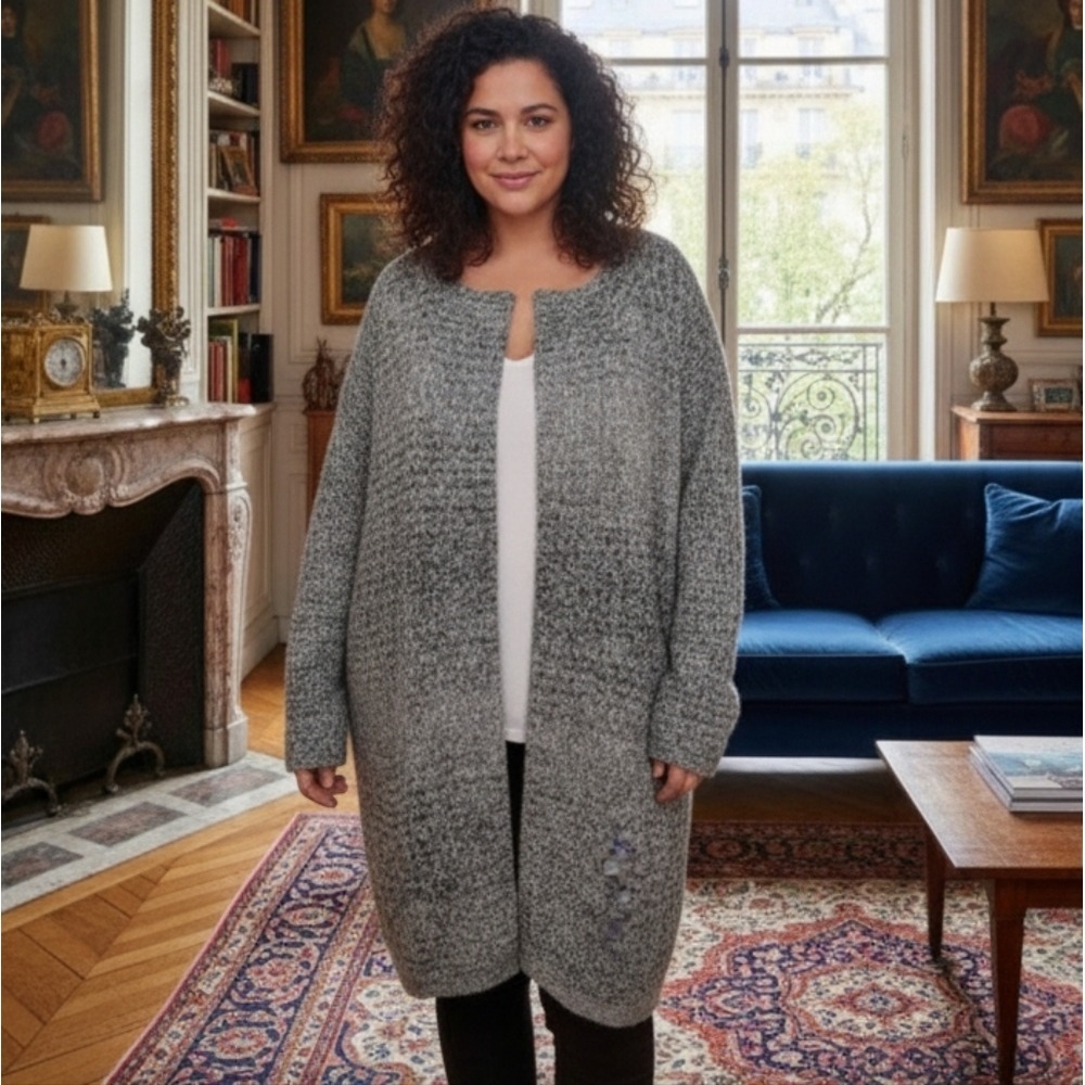 J Jill Purejill Black White Grey Cotton Cozy Cardigan XL Petite Cabin Cozy‎ Warm